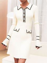 Contrast Ribbed Knit Long Sleeves Mini Dress