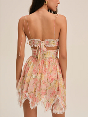 Coral Floral Rosette Trim Slip Mini Dress