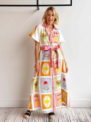 Smiley Face Print Linen Midi Dress