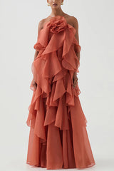 Rosette Detail Tiered Ruffles Maxi Dress