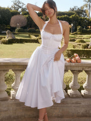 White Pleated Waist Halter Midi Dress