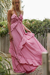 Pink Ruffled Backless Maxi Dress