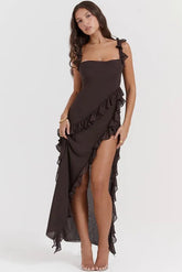 Sexy Square Neck Suspender Strap High Split Chiffon Ruffle Maxi Sundress