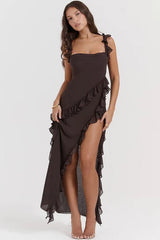 Sexy Square Neck Suspender Strap High Split Chiffon Ruffle Maxi Sundress