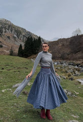 Navy Plaid Pleated Midi Skirt