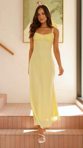 Yellow Pleated Yoke Midi Dress