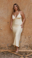 Light Yellow Satin V Neck Maxi Dress