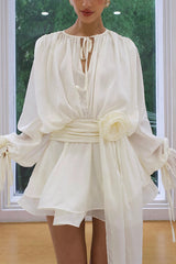 Solid Color Long Sleeve Lace-Up Rosette Mini Dress