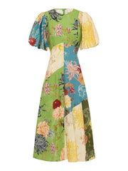 Green Floral Short Sleeves Midi Dress