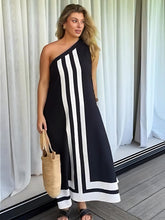 Black Verticle Striped One Shoulder Midi Dress