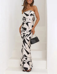 Satin Geo Print Bandeau Maxi Dress