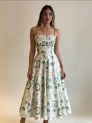 Green Botanical Print Sleeveless Midi Dress
