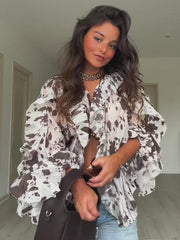 Brown Spot Print Flounced Blouse