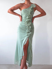 One Shoulder Ruched Rosette Midi Dress