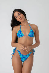 Blue Leavy Print Triangle Halter Bikini Sets