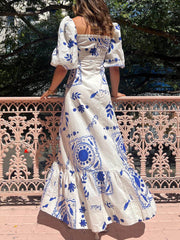 Blue Floral Square Neckline Midi Dress