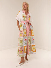 Smiley Face Print Linen Midi Dress