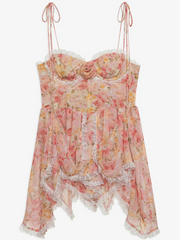 Coral Floral Rosette Trim Slip Mini Dress