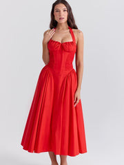 Red Pleated Waist Halter Midi Dress