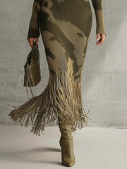 Olive Camo Knit Fringe Hem Midi Dress