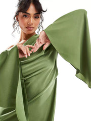Green Long Sleeves Satin Maxi Dress