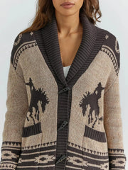 Brown Christmas Print Shawl Cardigan