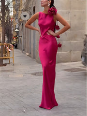 Hot Pink Rosette Satin Maxi Dress