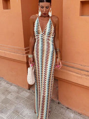 Beige Boho Pattern Knit Slim Fit Maxi Dress