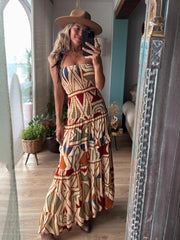 Boho Geo Print Strapless Maxi Dress