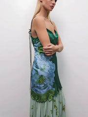 Green Floral Paneled Slip Maxi Dress