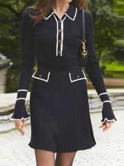 Contrast Ribbed Knit Long Sleeves Mini Dress
