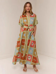 Color Block Linen Shirt Midi Dress