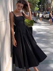 Black Square Neck Backless Midi Dress