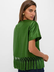 Green Satin Fringe Top