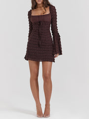 Brown Ruched Lace Mini Dress