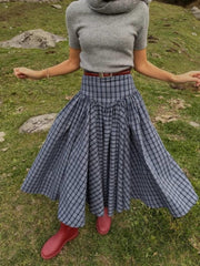 Navy Plaid Pleated Midi Skirt