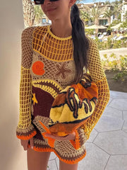 Reef-Inspired Pattern Crochet Knit Mini Dress