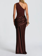 Elegant Brown One-Shoulder Maxi Dress