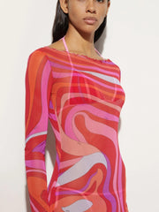Hot Pink Wavy Line Printed Semi-Sheer Maxi Dress