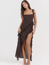 Coffee Ruffled Long Maxi Slip Dress