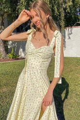Adorable Daisy Printed High Slit A-Line Slip Midi Sundress - Yellow