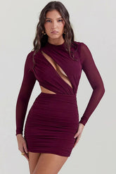 Sexy Cutout Long Sleeve Ruched Bodycon Mini Party Dress - Burgundy