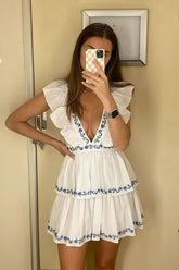 White Embroidery Trim Mini Dress