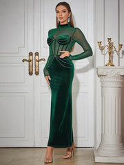 Green Velvet Mesh Sleeve Dress