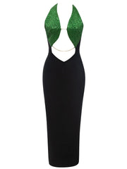 Backless Color Block Halter Evening Dress