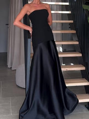 Satin Skirt Paneled Strapless Maxi Dress