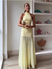Tulle Paneled Backless Evening Gown Dress