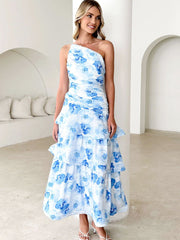 One-Shoulder Tiered Floral Maxi Dress