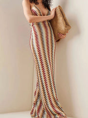 Beige Boho Pattern Knit Slim Fit Maxi Dress