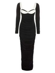 Black Contrast Square Neck Long Sleeve Dress